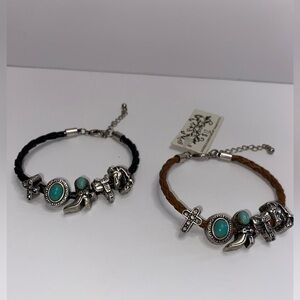 SET of 2 Silver Charm Bracelets with Turquoise Accents, Black & Brown, Western